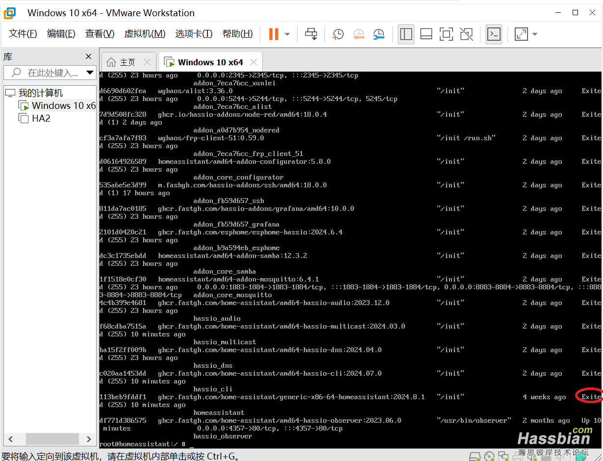 F.使用docker ps -a 查看发现homeassistant未启动